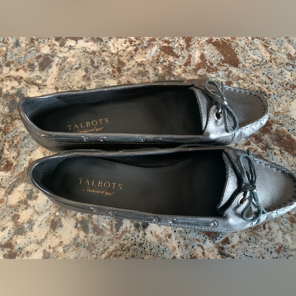 Talbots Metallic Silver Leather Driving Loafers, narrow.